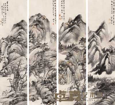 姚钟葆 1921年作 山水 四屏 139×36cm×4